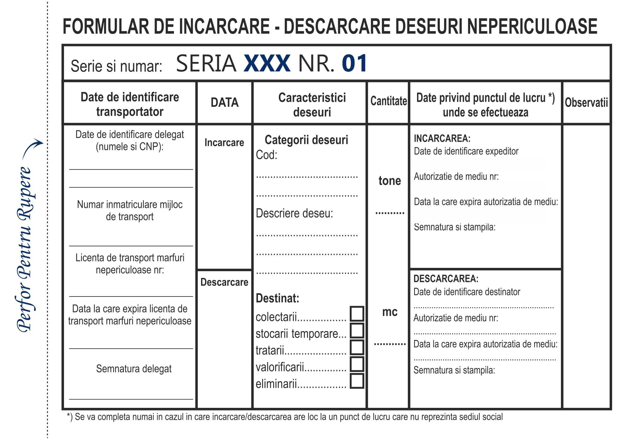 Formular încărcare-descărcare deșeuri nepericuloase Formular încărcare-descărcare deșeuri nepericuloase