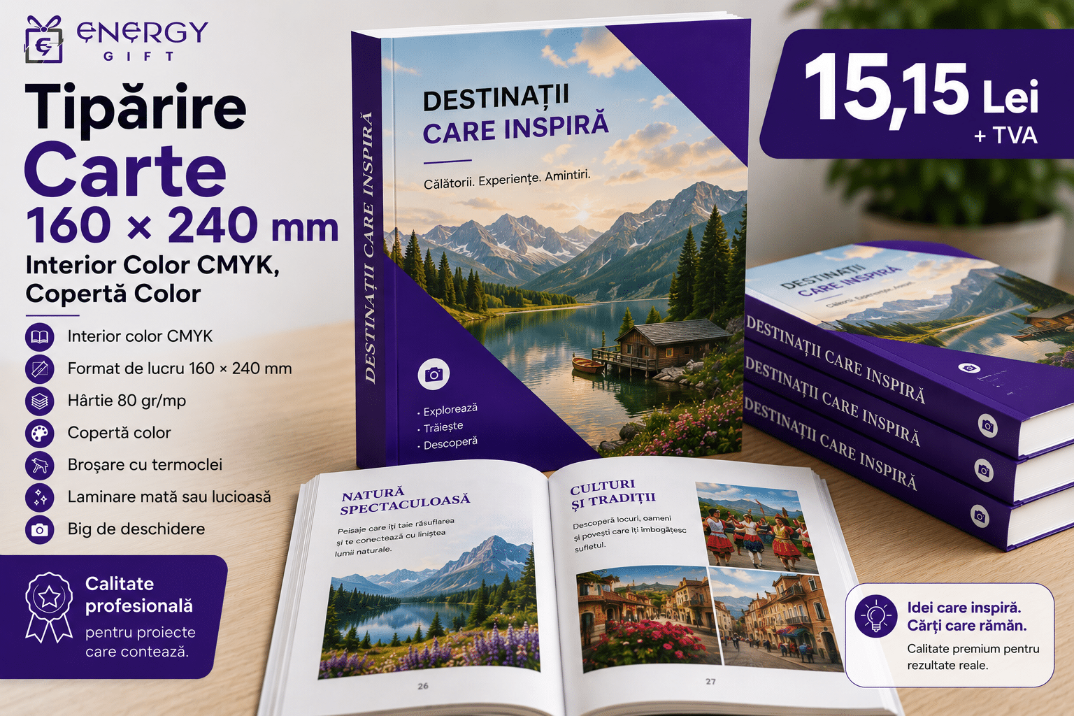 Tipărire Carte 160 × 240 mm – Interior Color CMYK, Copertă Color