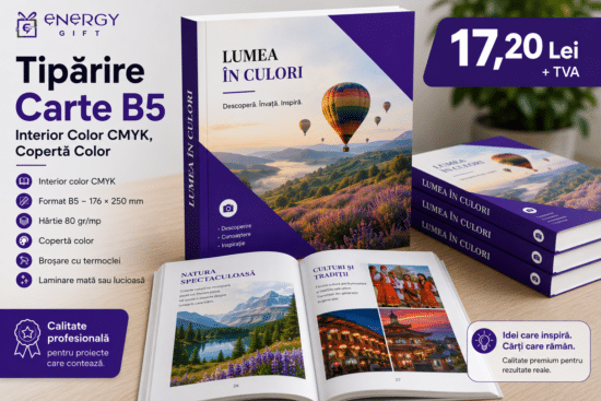 Tipărire Carte B5 – 176 × 250 mm, Interior Color CMYK, Copertă Color