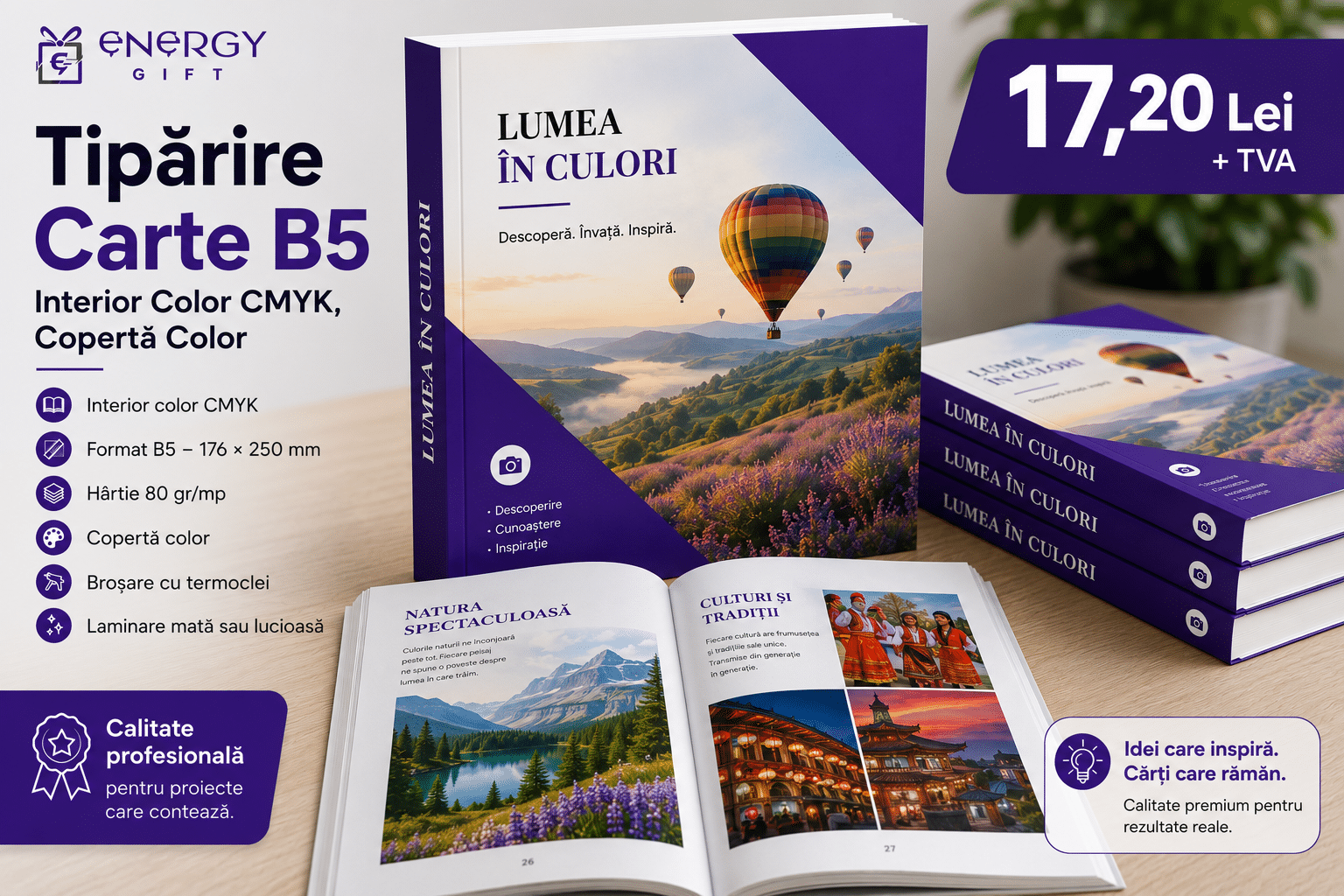 Tipărire Carte B5 – 176 × 250 mm, Interior Color CMYK, Copertă Color