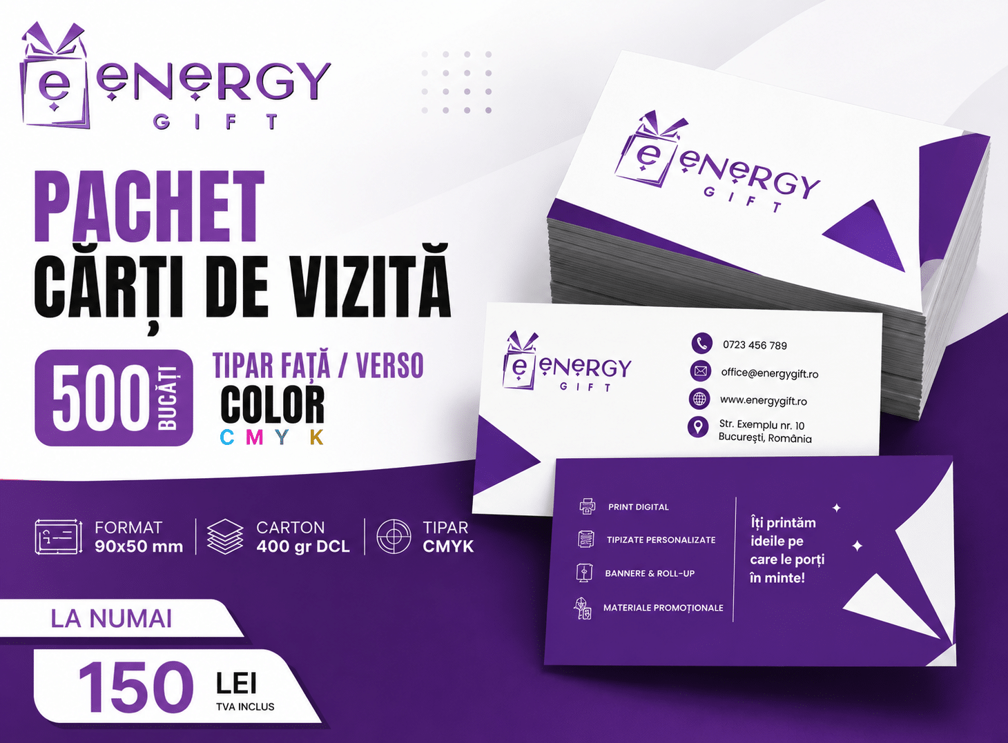 Cărți de vizită 500 buc., tipar color pe o față/verso, carton 400 g/mp