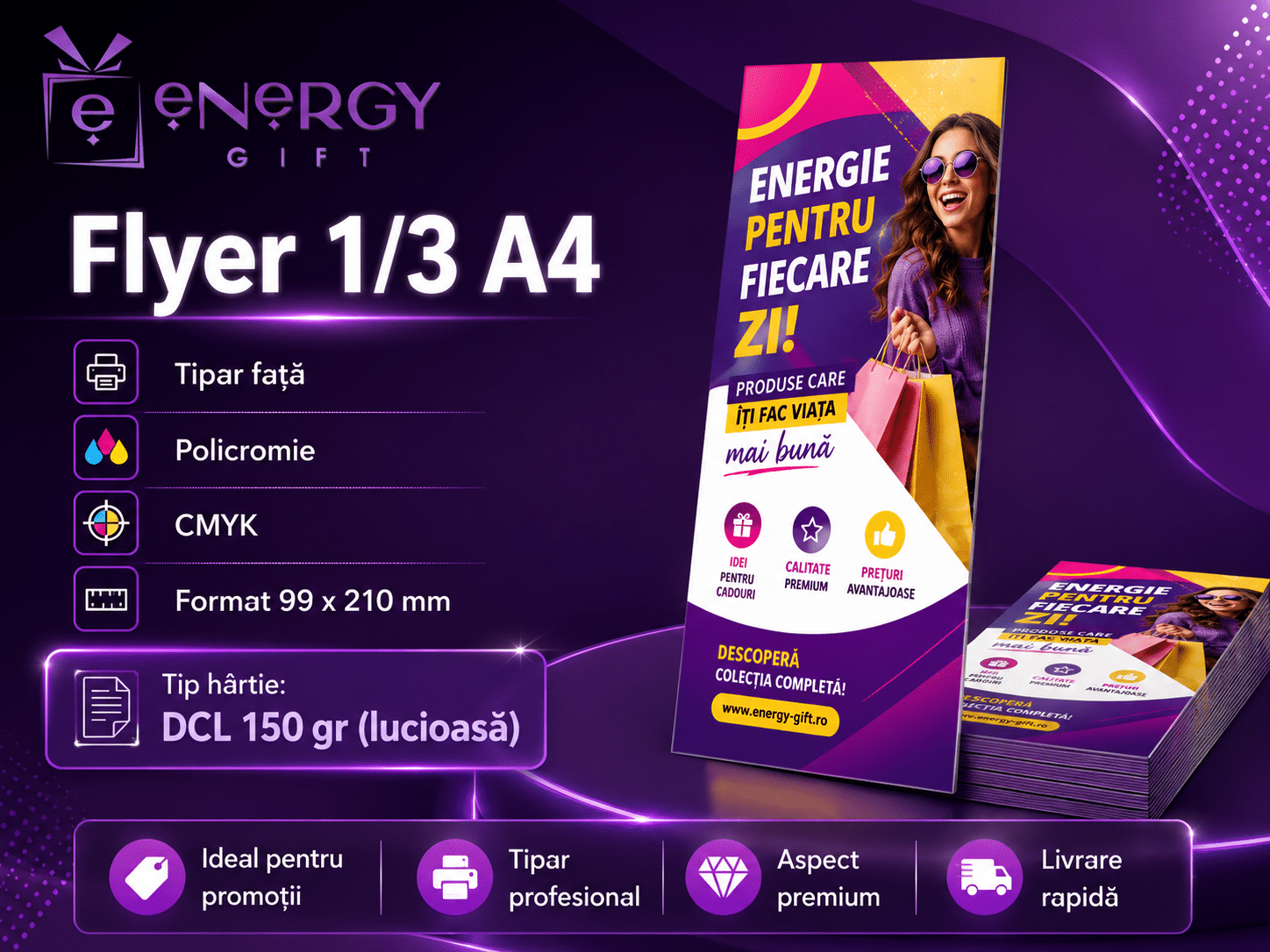 Printare Flyere 1/3 A4 Color Față – Hârtie Lucioasă 150 gr
